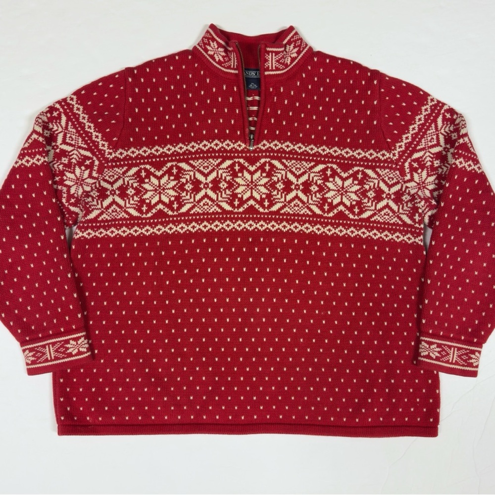 Vintage Lands End Nordic Fair Isle 1/4 Zip Sweater Womens  XL Red Ski Snowflakes